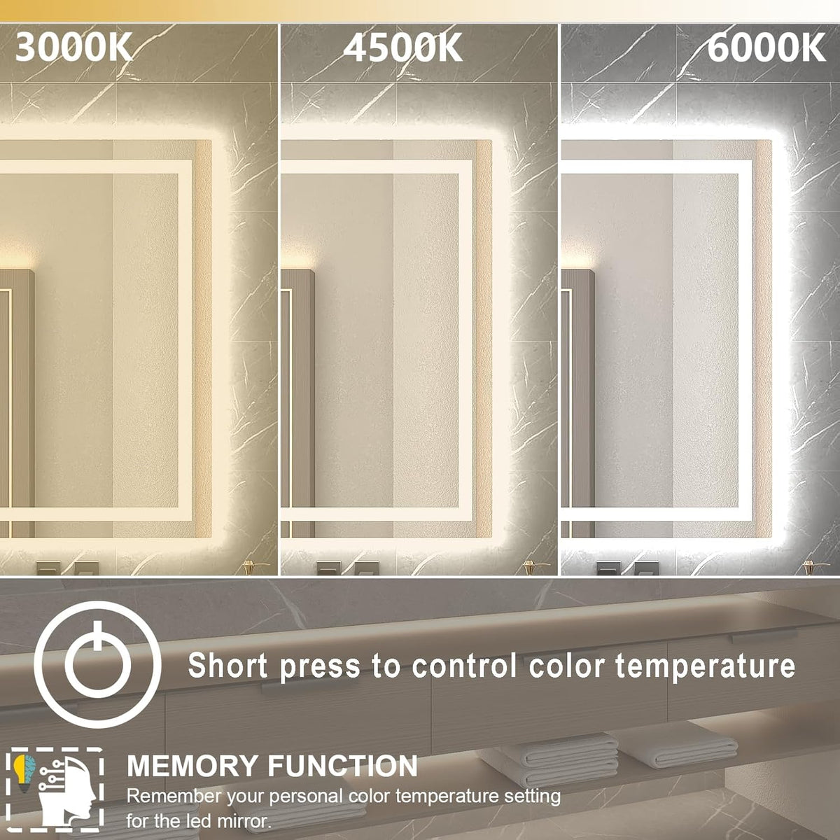Dimmable 55X36 LED Bathroom Mirror with Anti-Fog, 3 Light Modes, Memory Function — product view 4