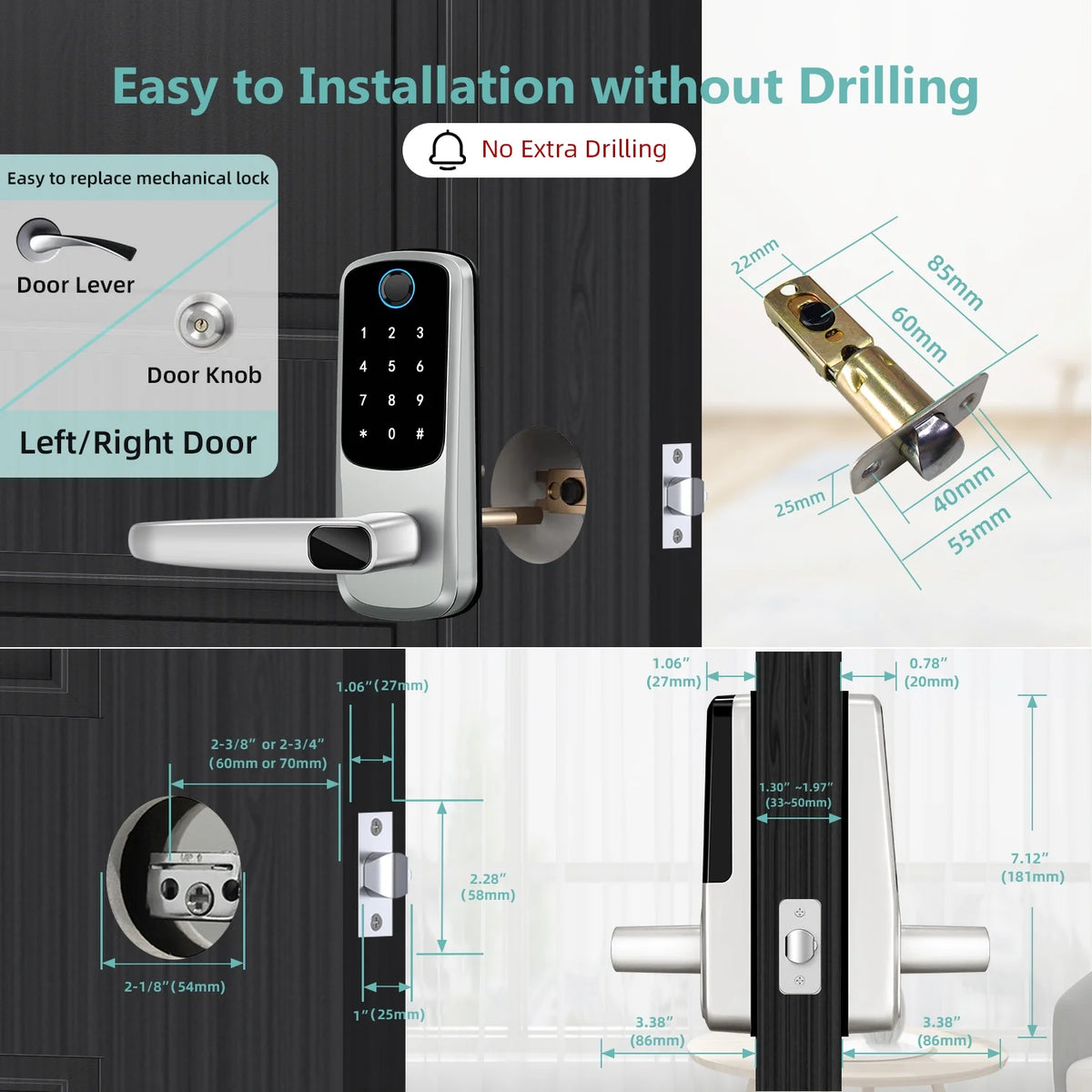 Keypad Door Lock with Fingerprint: Keyless Entry Door Lock for Front Door - Smart Door Lock with Handle - Electronic Door Lock with Code - Auto Lock & APP Control — product view 3